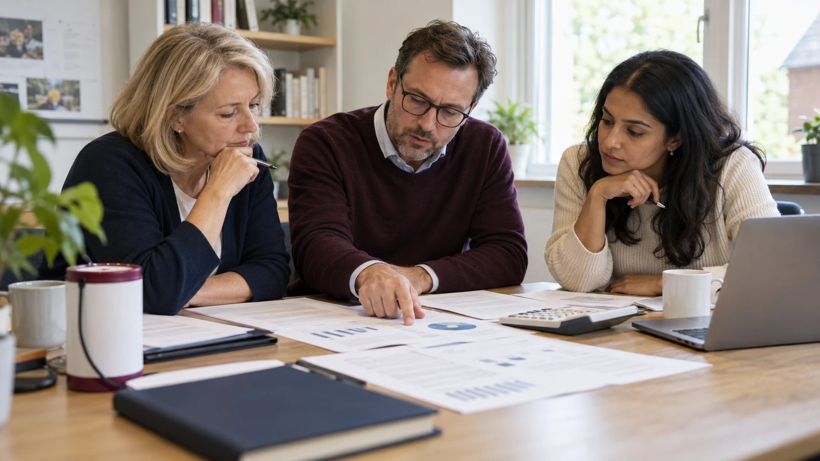Trustees reviewing a fraud prevention checklist alongside charity financial records.
